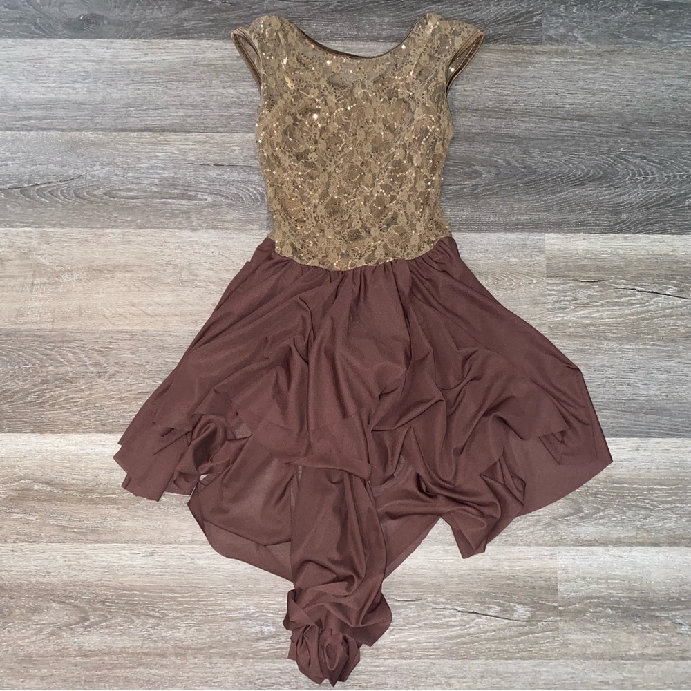Brown and gold leotard with asymmetrical skirt attached